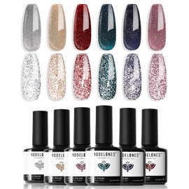 modelones Reflective Glitter Gel Nail Polish Set of 6 Colors Pink Red Black Silver Shimmer Sparkle Gel Polish Collection Kit LED Soak Off Nail Polish Manicure Art Gel Kit Home DIY Nail Salon