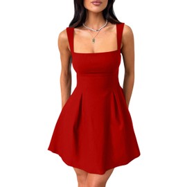 YMDUCH Women's Sexy Sleeveless Square Neck Adjustable Straps Bow Tie A-line Mini Party Club Dress Red