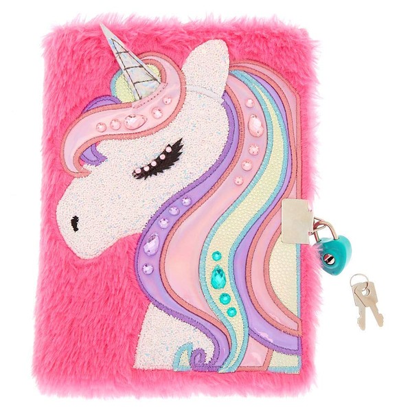 Claire's Fuzzy Plush Lock Secret Diary Journal for Girls, Miss Glitter The Unicorn, Pink, Includes Lock with 2 Keys, 6x8 Inches