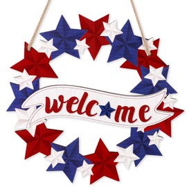 80UncleKimby 4th/Fourth of July Decorations Welcome Wreath for Front Door - Wooden Red White and Blue Star Sign, Patriotic Memorial Day Porch Home Wall Outside Decor