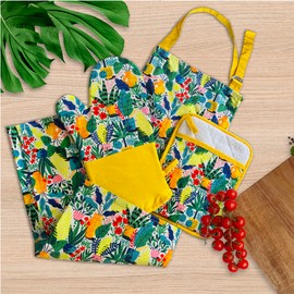 Trenton Gifts Yellow Floral 3 Piece Apron Set - Complete Kitchen Accessories Bundle with Apron, Pot Glove & Pot Holder - Stylish and Practical Cooking Essentials - Perfect for Home Chefs