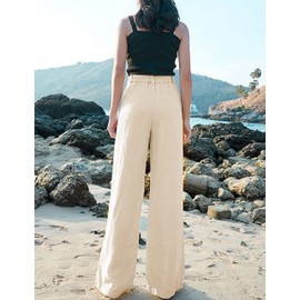 Hooever Womens Casual High Waisted Wide Leg Pants Button Up Straight Leg Trousers（Apricot-S）