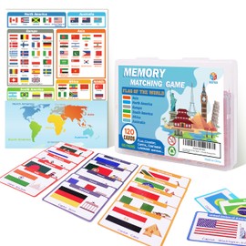 EDUMAETRIX 60 Pairs Flag Memory Matching Game Cards with Overview Chart Capital Continent for Kids Family and Adults Learning Education in Portable Waterproof Box