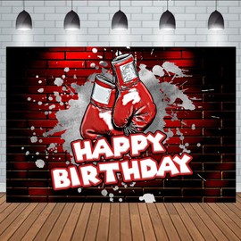 Aperturee 5x3ft Boxing-Themed Happy Birthday Backdrop Red Wall Boxing Gloves Photography Background Banner for Boys or Girls Fight Nights Party Decoration Supplies Photo Booth Props