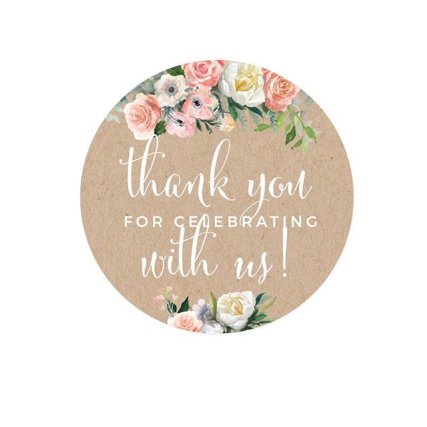 Andaz Press Peach Coral Kraft Brown Rustic Floral Garden Party Wedding Collection, Round Circle Label Stickers, Thank You for Celebrating with US, 40-Pack