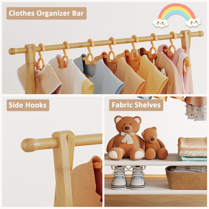 Aetherika Kids Clothing Rack with 2 Fabric Shelves, Foldable Child