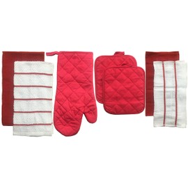 7-Piece Designed Kitchen Set, 100% Cotton, 2 Kitchen Towels, 1 Oven Mitt, 2 Pot Holders, 2 Dishcloths (Red)