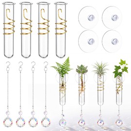 Zhehao 4 Set Window Hanging Propagation Stations 5.9'' Plastic Propagation Vases with Suction Cup & Crystal Pendants, Propagated Plant Holder Wall Jars for Home Office Garden Decoration Lover Gift