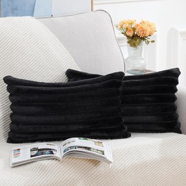 Madizz Set of 2 Faux Fur Plush Decorative Throw Pillow Covers 12x20 inch, 30x50 cm, Black Fluffy Striped Soft Decorative Cushion Cover for Sofa Bedroom Pillow Shell