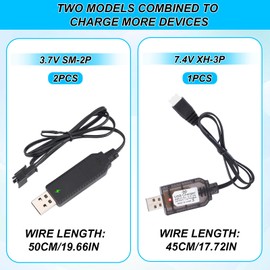 3pcs USB Battery Charging Charger Cable Set, 3.7V Volt SM-2P and 7.4V Volt XH-3P Connectors with Indicator for RC Cars Drones Gel Blasters Bubble Guns