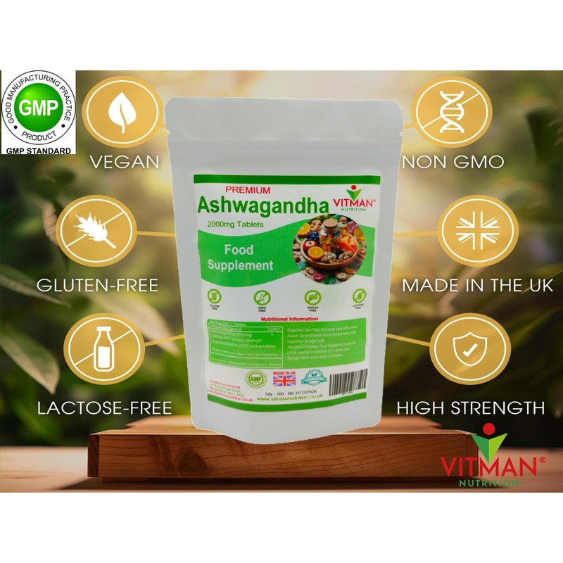 Ashwagandha Root Powder Tablets, 2000mg High Strength, 90 Tablets, Vegan