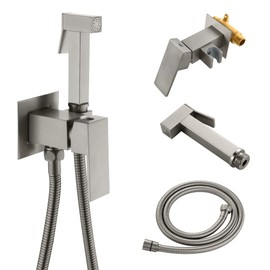 SHAMANDA Warm Water Bidet Sprayer for Toilet with Hot and Cold Brass Rough-in Valve, Stainless Steel Handheld Bidet Attachment Set for Feminine, Pets and Baby Diaper Wash, Brushed Nickel, BDS08-2