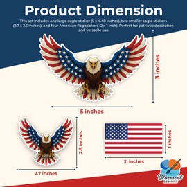 American Bald Eagle Sticker (3 Pack, one 5 inches, Two 2.7 inches Wide) & 4 US Flags (2 inches Wide) | Waterproof Vinyl Stickers for Laptops, Cars, Hard Hats, Trucks