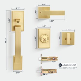 Gaurqiah Brushed Gold Heavy Duty Front Door Handle Set, Exterior Door Lock Set with Single Cylinder Deadbolt,Reversible for Right & Left Side, Satin Brass