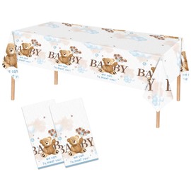 Poqirzan 2 PCS Bear Baby Shower Tablecloth Baby Shower Party Supplies 54"x108" Cute Bear Plastic Table Cloth We Can Bearly Wait Baby Tablecloth for Gender Reveal Party Kids Birthday Decor