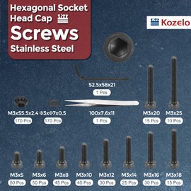 Kozelo 655pcs Socket Head Cap Screws Bolts Nuts Assortment Kit - [M3x5/6/8/10/12/14/16/18/20/25mm] Alloy Steel Black Oxide 12.9 Internal Hex Screw for 3D Printer Use, with Wrench