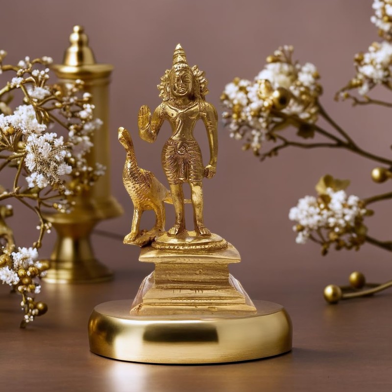 athizay Brass kartikeya Statue with Peacock in Virgin Brass 11cm