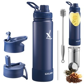 Lexlion Tea Infuser Water Bottle 22 Oz – Triple Wall Insulated Stainless Steel, Loose Leaf & Fruit Strainer, 3 Leakproof Lids, BPA-Free Silicone Sleeve, Reusable Thermal Mug