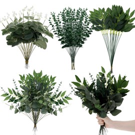 Falzqq 160 Pcs Artificial Eucalyptus Leaves Stems, 4 Kinds Mixed Fake Eucalyptus Leave Willow Leave Silver Dollar Faux Plants Greenery Decoration for Weddings, Parties, Home, DIY Bouquets