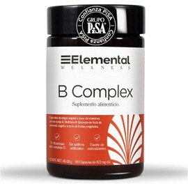 Complejo B Completo, 673mg, Hecho por PiSA, Vegano, Vitaminas B1, B2, B3, B5, B6, B7, B9, B12, BioPerine ® (alta biodisponibilidad),13 Frutas y Verduras, Biotina, Multivitamínico, 60 Cápsulas, 2 Meses - Elemental Wellness