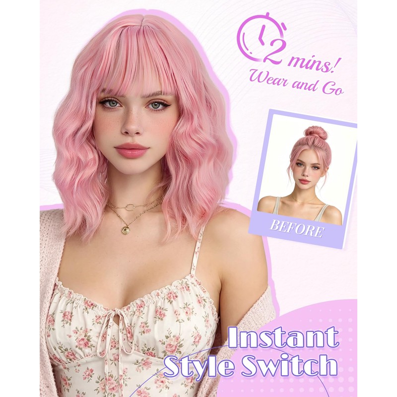 Purple Ombre Short Wavy Bob Wig with Bangs, 14 Inch