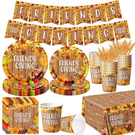 Friendsgiving Party Decorations 142pcs Friendsgiving Theme Tableware Thanksgiving Turkey Maple Leaves Disposable Paper Plates,Napkins,Tablecloth for Fall Autumn Party Supplies
