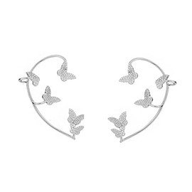 Luxury 3D Butterfly Cuff Earrings Ear Wrap Earrings Crystal CZ No Piercing Ear Clip Crawler Full Rhinestone for Women Wedding Jewelry-1 Pairs Silver