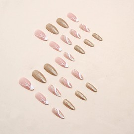 24 Pcs Press on Nails Medium Almonds Shape Fake Nails Glossy Glue on Nails Full Cover Swirl False Nails with White Star Designs Acrylic Nails Gold Artificial Nails French Nail Decorations for Women
