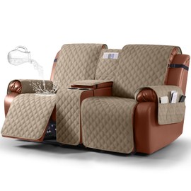 Ruaozz Waterproof Loveseat Recliner Cover with Console Non-Slip Reclining Couch Covers Split Sofa Slipcovers with Elastic Straps Furniture Protector for Kids, Dogs, Pets (Pale Brown, 2 Seater)