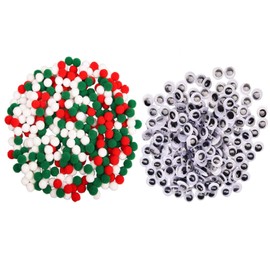 Bohue 600 Pieces Christmas Pom Poms Set Red Green White Pom Poms Wiggle Googly Eyes Plush Balls Funny Fake Eyes Toy DIY Accessories Christmas Party Decorations