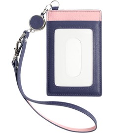 RafiCaro Women's Pass Case with Reel, Cowhide Leather, Commuter Pass Case, Employee ID Case, Bicolor IC Card, 1 Card Pocket, 2 Card Pockets, Leather, navypink