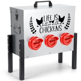 30 lb Chicken Feeder with 6 No-Waste Ports – Heavy-Duty Outdoor Metal Feeder with Adjustable Height, Locking Lid & Riveted Handles – Rustproof Feed Box for Poultry & Backyard Chickens