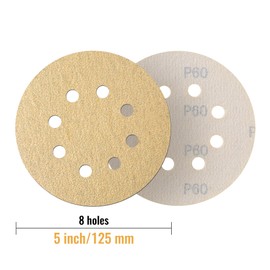 Shaywa 100 Pack 5 Inch 8 Hole Hook and Loop Gold Sanding Discs 60 Grit Orbital Sander Pads Sandpaper for Orbital Sander Sand Paper for Automotive and Woodworking