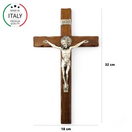 Wall Cross - Crafts Made in Italy Christ and INRI Silver Plated 999 - Wooden Crucifix Saint Benedict Caring and Precision of the Details of the Jesus Crucifix - Saint Benedict - 32 x 18 cm