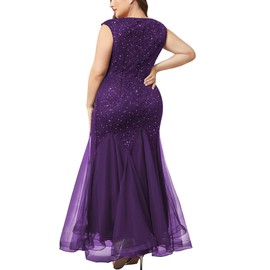Miusol Women's Plus Size Sequins Lace Tulle Mermaid Hem V-Neck Sleeveless Formal Evening Party Maxi Dress Purple