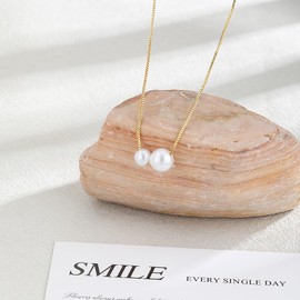 DIFOMI Dainty Pearl Necklaces for Women, 14K Gold Plated 2 Pearls Pendant Necklace Simple Freshwater Pearl Box Chain Necklace Everyday Jewelry Gift for Women Trendy