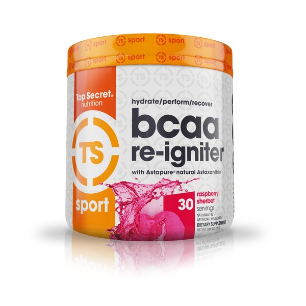 Top Secret Nutrition BCAA Re-Igniter Vegan Amino Acid Supplement with Astaxanthin and Electrolyte, Hydration Blend with Coconut water, 9.80 oz (30 servings), Raspberry Sherbet