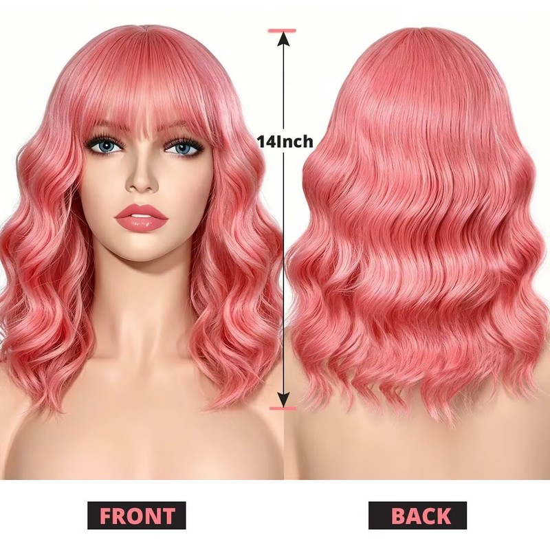Sweetie Blush Pink Bob Wig Bangs – Wavy Synthetic Shoulder