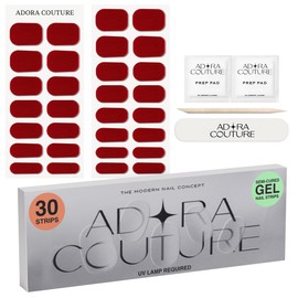 Adora Couture Semi Cured Gel Nail Strips with 30 Pieces, Salon Quality Wraps for Women, Polished Deep Red UV Gel Stickers, UV Light Required, Painted Red