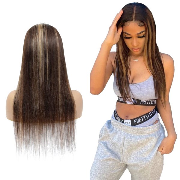 TQPQHQT Blonde Wig Real Hair Human Hair Wigs Ombre Straight Lace Front Wig Brazilian Virgin Hair Wig 4x4 Lace Closure Wig Highlight P1B427 Highlight Wig for Black Women 26 Inches