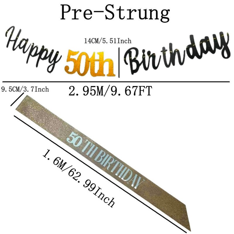 Happy 50th Birthday Banner & Rose Gold Glitter Sash Pre-Strung