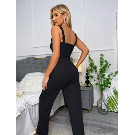 COZYEASE Women's Cute Pajama Set Lace Trim Button Front Cami Top and Drawstring Pants Pajama Sets Sleepwear Soft Black L