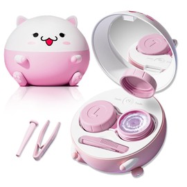 Multifunctional Contact Lens Case, 2 in 1 Cute Contact Lens Cleaner Machine with Solution Soak Case and Contact Lens Applicator Tool Kit for Daily Vision Care, Travel Size (Pink)