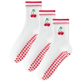 Pilates Socks with Non-Slip Grips Yoga Grippy Barre Workout Athletic Crew Anti-Slip Grip Socks for Women (CA/US, Numeric, 5, Regular, Regular, 3 Pairs Red Cherry)