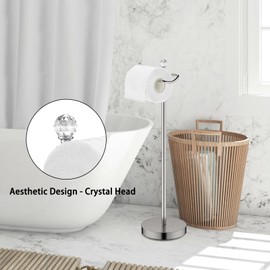 ROLABAM Toilet Paper Holder Stand with Crystal Head, Brushed Nickel Toilet Paper Holder Free Standing 24.4" H, Stand Up Toilet Paper Roll Holder for Bathroom, Floor Toilet Paper Storage