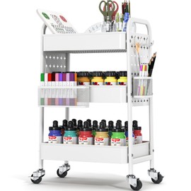 TOOLF Metal Rolling Storage Cart, 3-Tier Utility Mobile Cart with DIY Pegboards, Serving Trolley Cart with Baskets Hooks, for Kitchen, Bathroom, Office, Home, Classroom (Light White)