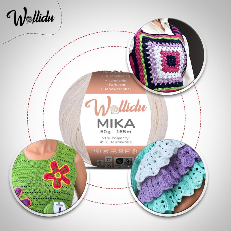 Wollidu Mika Knitting and Crochet Yarn, 51% Polyacrylic, 49% Cotton,