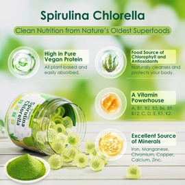 Nextdia Organic Spirulina Chlorella Gummies, Nutrient-Dense Superfood Rich in Vegan Protein, Super Greens & Chlorophyll + Vitamin C & D3, Zinc, B12 for Natural Energy, Powerful Antioxidants, Sugar Free,60 Cts