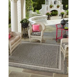 Unique Loom Outdoor Border Collection Area Rug - Soft Border (10' Square Black/Ivory)