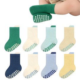 YANWANG 8 Pairs Toddler Non-Slip Socks with Grips Breathable Crew Socks for Baby Boys Girls(Green+Blue,S:0-1Y)